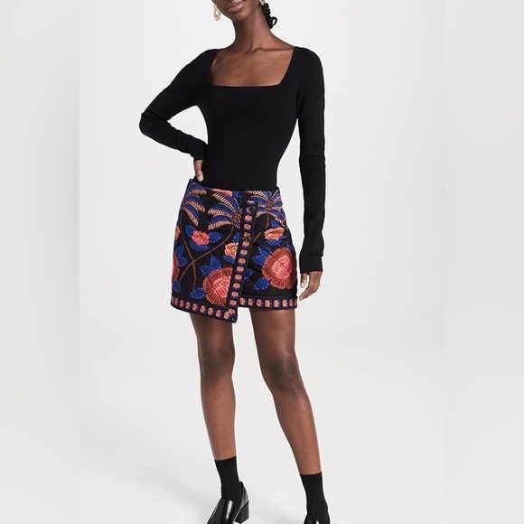 Farm Rio: Floral Embroidered Black Skirt - Picture 5 of 11